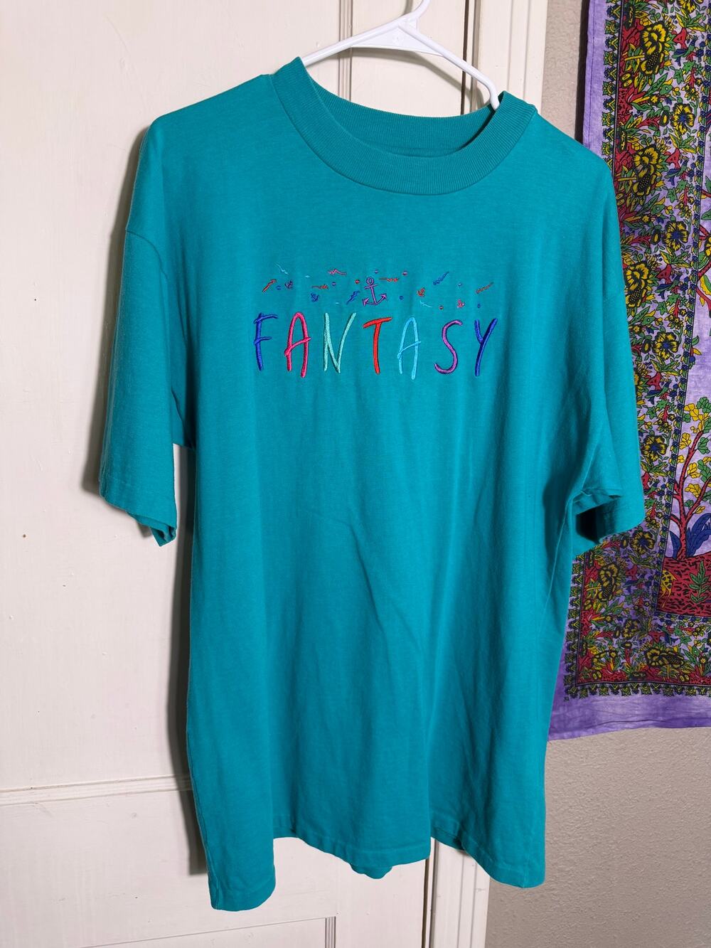 Vintage 90s Hefty Surf Island Fantasy T Shirt Teal Embroidered Tee - XL